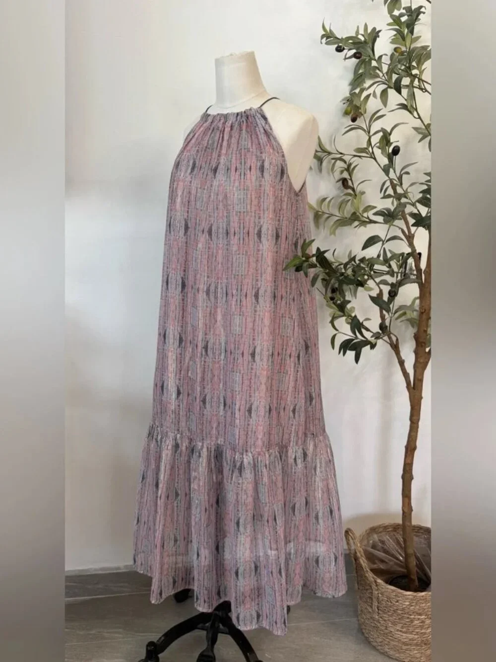 World Market Metallic Stripe Halter Midi Dress S/M Pink Gray Boho - Picture 6 of 7